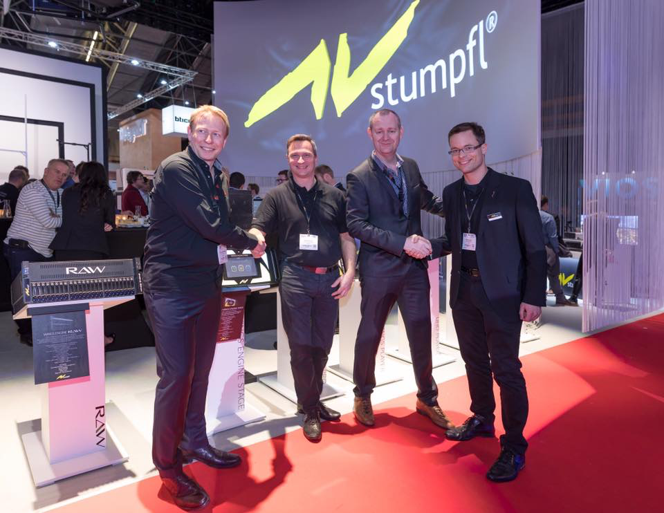 Thierry Heldenbergh (managing director AED Display), Horst Damoser (global business development manager AV Stumpfl), Glen Roggeman (CEO AED Group), and Tobias Stumpfl (CEO AV Stumpfl)