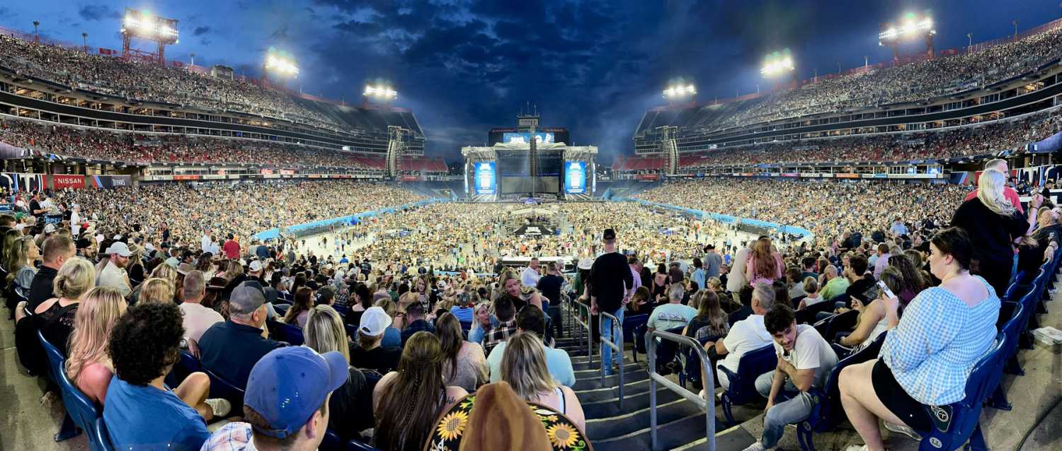 The tour is playing principally in NFL football stadiums, accommodating crowds of up to 65,000 per night