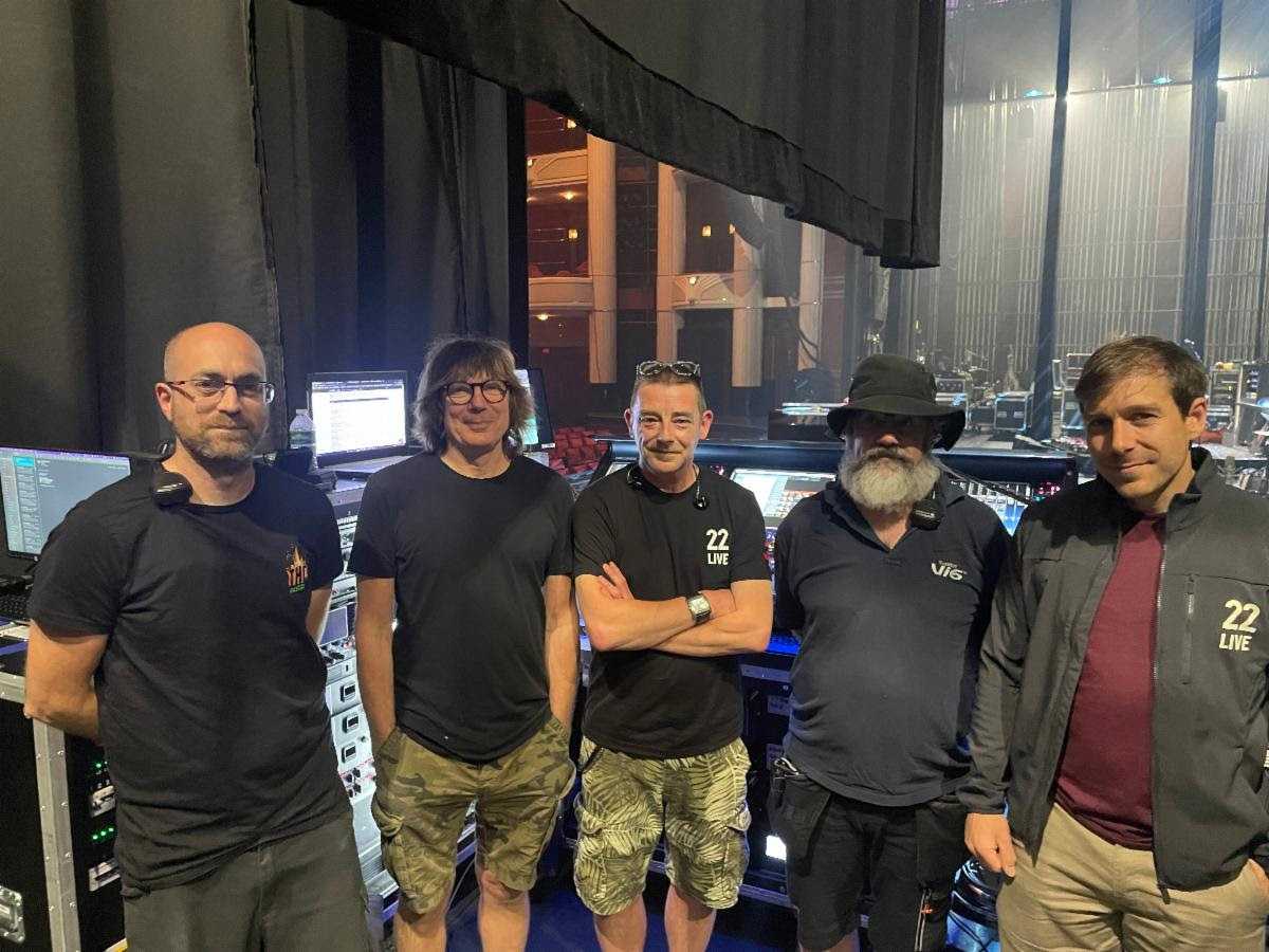 Miles Barton, FOH and system technician; Mark Hawley FOH engineer; Neil Heal, monitor engineer; Andy Yates, stage and monitor technician and Alex Penn, 22live commercial director