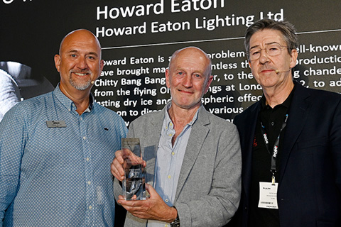 Howard Eaton (centre) collects his Gottelier Award from PLASA's Adam Blaxill (left) and Peter Heath (right)