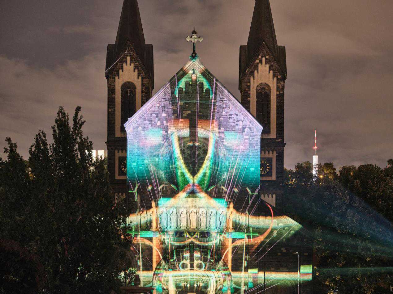 Flightgraf used two Griffyn Series pure laser projectors to map onto the Church of Saints Cyril and Methodius