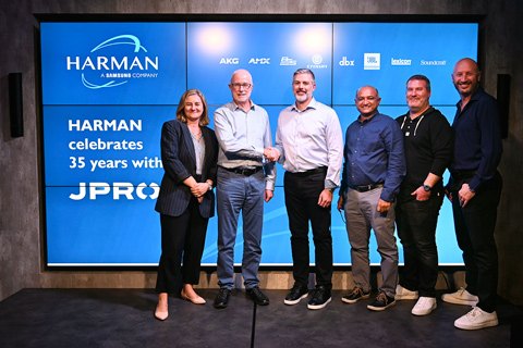 Joni Benton and Bruce Gray from JPRO with Brian Divine, Amar G Subash, Andy Flint and Jaime Albors from Harman Professional