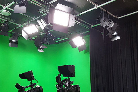 The TVL CYC RGBW cyclorama wall wash is used to light the studio’s green infinity wall