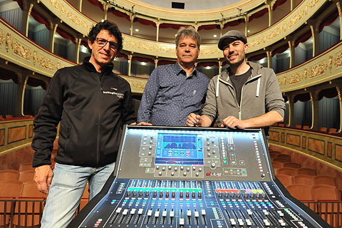 Paolo Battaglia, owner of Battaglia Light Services; Thomas Willi of Decibel (A&H swiss distributor) and Claudio Cheulini, technical director of the Teatro Sociale