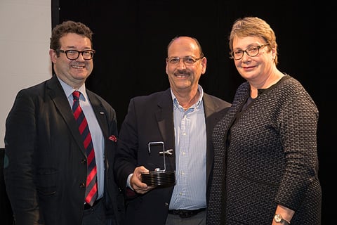 Robin Townley, CEO ABTT, with Gary Vilardi, vice president of sales, City Theatrical, receiving the ABTT Lighting Product of the Year 2017 Award, with ABTT chairwoman Louise Jeffreys