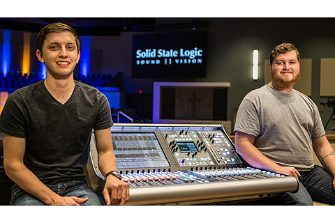 Rusty Trowbridge, technical director (left) and Spencer Wells, AV Technician with one of the new SSL L300 Live consoles