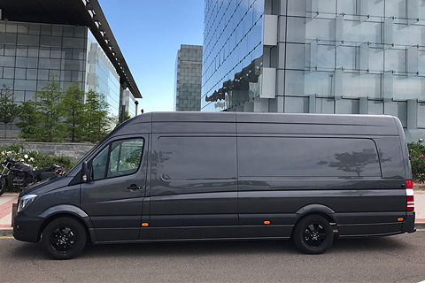 The extra-long wheelbase Mercedes Sprinter that has been fully equipped as a mobile showroom