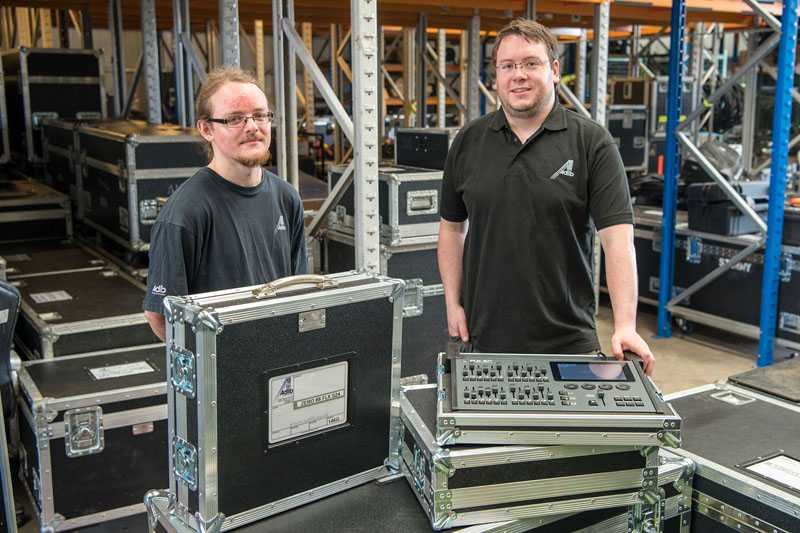 Adlib’s Matt Plummer (control technician) and Simon Pettitt (lighting technical manager) (photo: Steve Sroka)