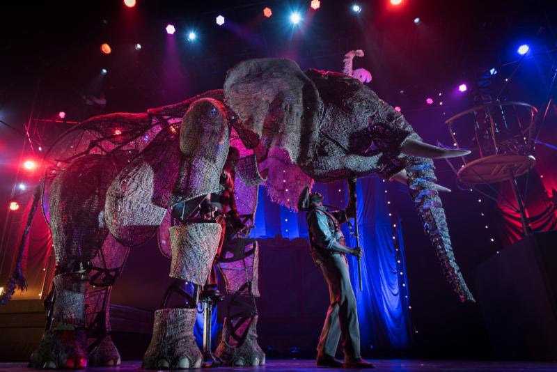 The dazzling show features life-sized elephant puppets