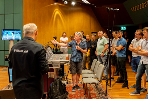 Rick Pope with Yamaha's Ruben van der Goor (foreground) and Rivage PM10 in Studio 1 (photo: Don Fonzarelli)