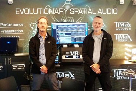 Out Board’s Dave Haydon and Robin Whittaker on stand at PLASA 2018 with the new StageSpace interface shown on screen