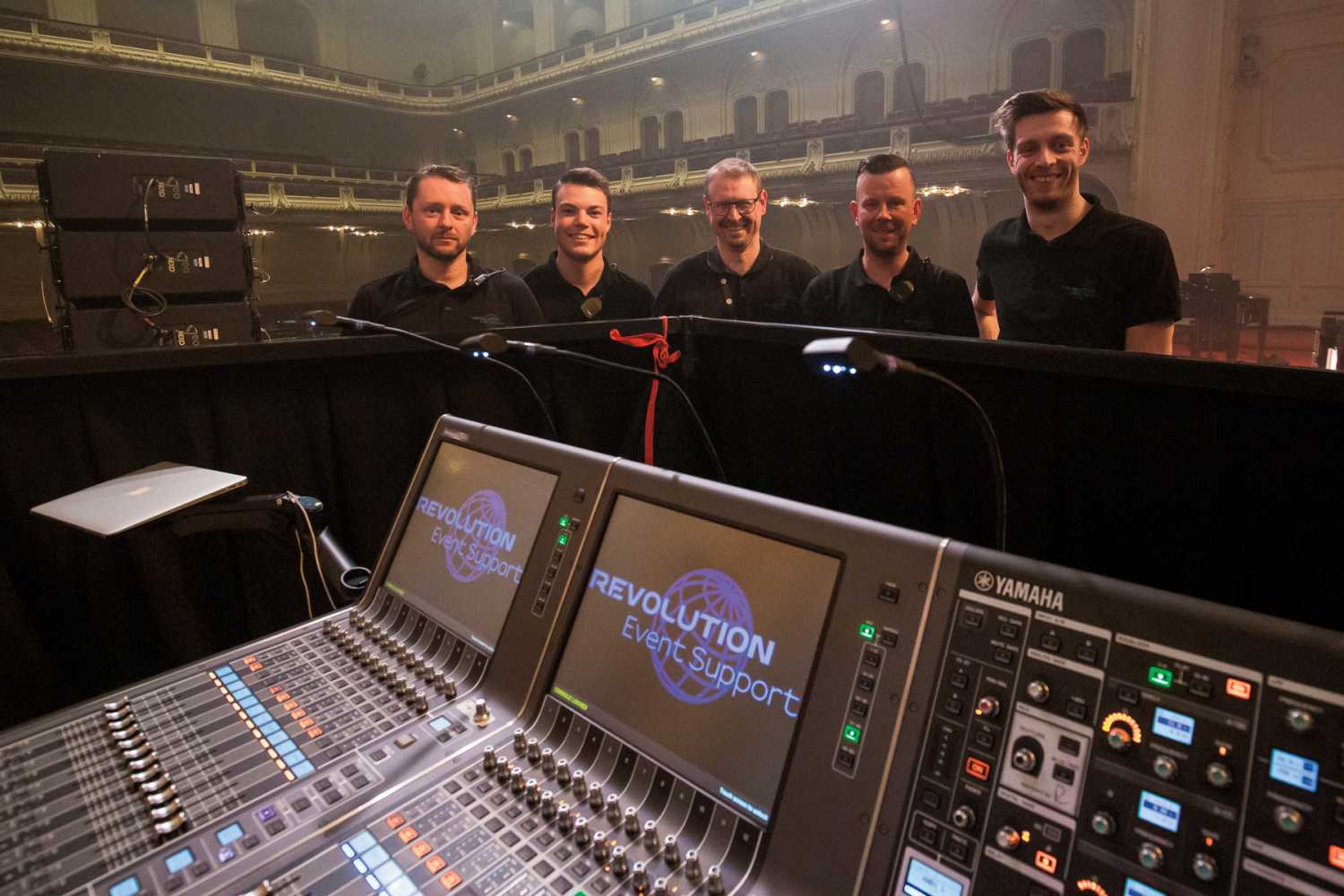 Kristof Haagdoren (monitor engineer), Stef Schrijvers (system tech), Bart Faut (FoH engineer/production manager). Michael Nijs (backline tech) and John Hellinx (stage audio & RF engineer) with the Rivage PM7