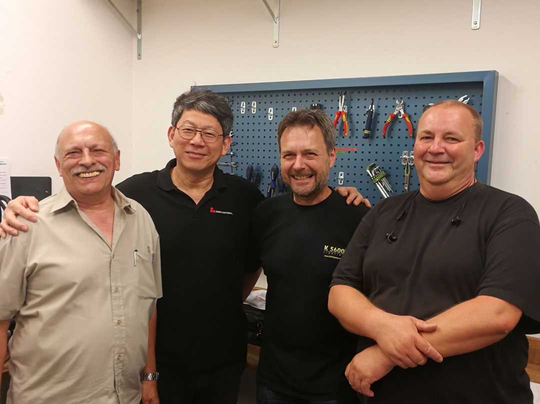 Karl Thamer, CEO of IBT Theatres and Broadcast Technology; Qunying Yao, chief engineer and owner of State Automation with IBT field engineers Frank Nebrich and René Munck