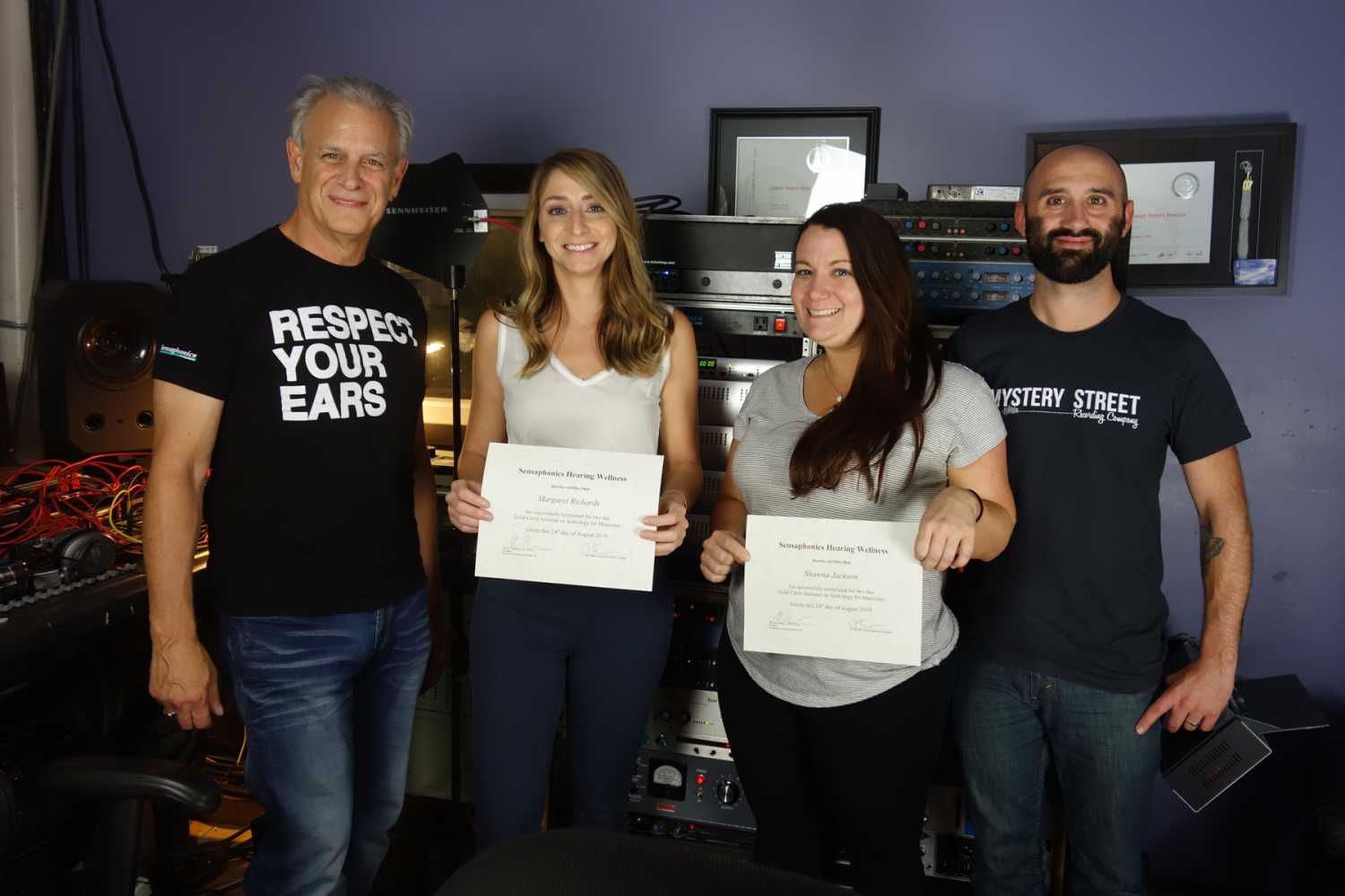 Sensaphonics president, Dr. Michael Santucci; Dr. Margaret Richards, Dr. Shawna Jackson and Joe Tessone, owner of Mystery Street Recording Company