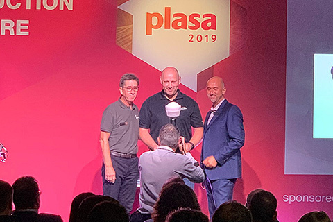 Elation product manager Matthias Hinrichs accepts the 2019 PLASA Award for Innovation