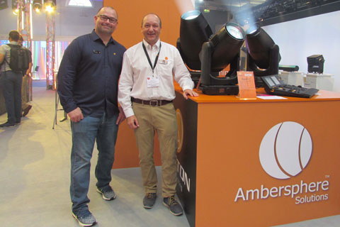 Ayrton’s Jerad Garza and Ambersphere Solution’s Philip Norfolk with Perseo-S and Huracán-X which received their official launch at PLASA 2019 on the Ambersphere Solutions stand