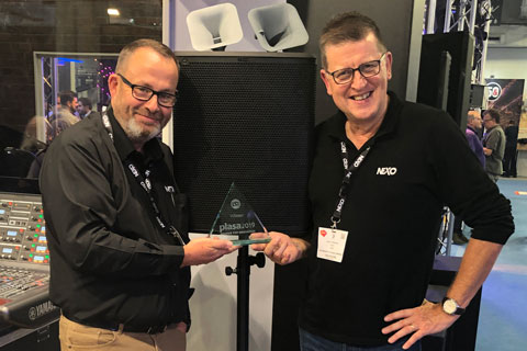 Nexo's Gareth Collyer and Andy Simmons celebrate the P12's PLASA Award for Innovation