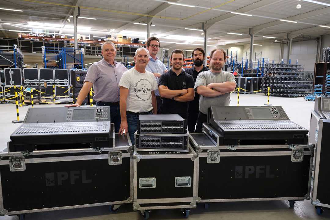 Dominic De Gruyter, owner and CEO of PFL (left) with other audio staff and the new Yamaha equipment