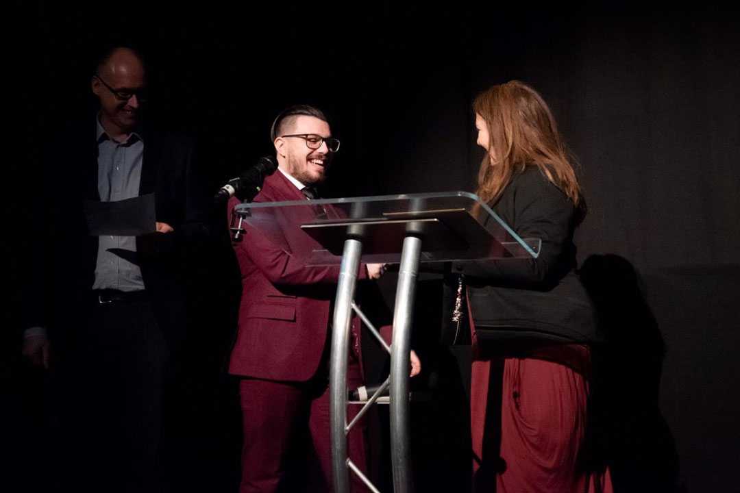 NFTS graduate Michael Pearce receives his award