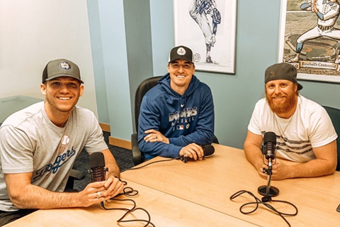 Cooper Surles, Ross Stripling and Los Angeles Dodgers' Justin Turner