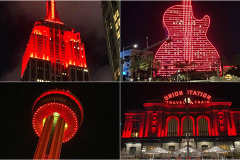 Clockwise from left: The Empire State Building, Hard Rock Hotel in Hollywood, Florida, Union Station in Denver, Colorado, and Tower of the Americas in San Antonio, Texas