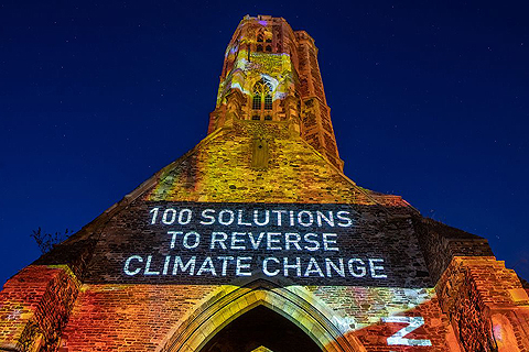 DRAWDOWN makes a striking presentation of 100 Solutions to Reverse Climate Change on the architectural gems of King's Lynn. (Image: © Matthew Usher Photography)