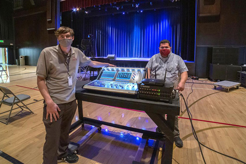 Oaks Christian School’s Jonathan Hagberg (left) and David Alexander with the new DiGiCo S21 digital console