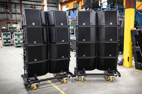 Some of Solotech’s new L-Acoustics K3 enclosures pictured in the company’s Montreal shop