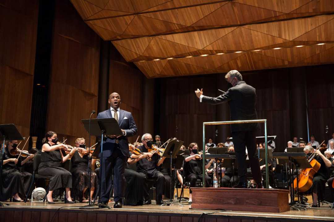 Vocalist Lawrence Brownlee alongside conductor Maestro Corrado Rovaris at the Mann Music Centre