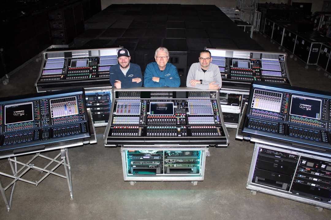 Spectrum Sound’s Andrew Sullivan, Ken Porter, and Bobby George in the warehouse with the new DiGiCo Quantum consoles