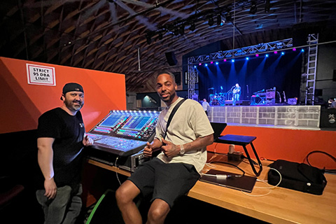 Nathan Kipp (left) and production manager Courtney Panton at the venue’s new DiGiCo SD12 mixing console at FOH