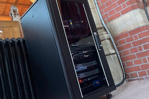 Equipment rack at St Cuthbert's, including CP704 amplifiers