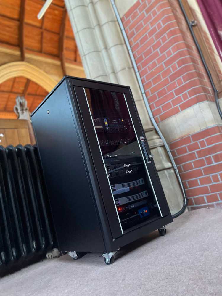 Equipment rack at St Cuthbert's, including CP704 amplifiers