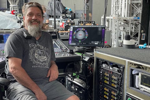 Ted Bible, Def Leppard’s long-time monitor engineer, at The Stadium Tour’s DiGiCo Quantum5 desk