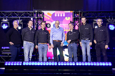 Rolight’s Annemarie Kanon, Rick Blind and Jessy Nelder; Bert Schmeits (key account manager Benelux, Elation); Erwin Sasburg, Robin Eijlders and Rolof Tilanus (Rolight)