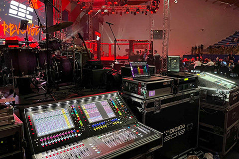 FOH and monitor mixes are created on DiGiCo SD11 and SD12 consoles respectively