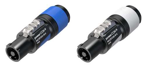 The new powerCON cable connectors are colour coded blue – for power in – and grey – for power out