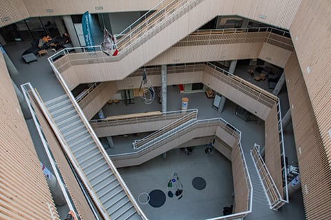 The atrium system hosts a five-minute sound installation that runs twice daily