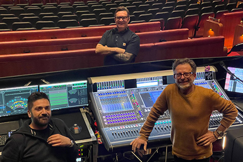 System engineer Johnny Keirle, production manager Paul English and FOH engineer Dave Bracey