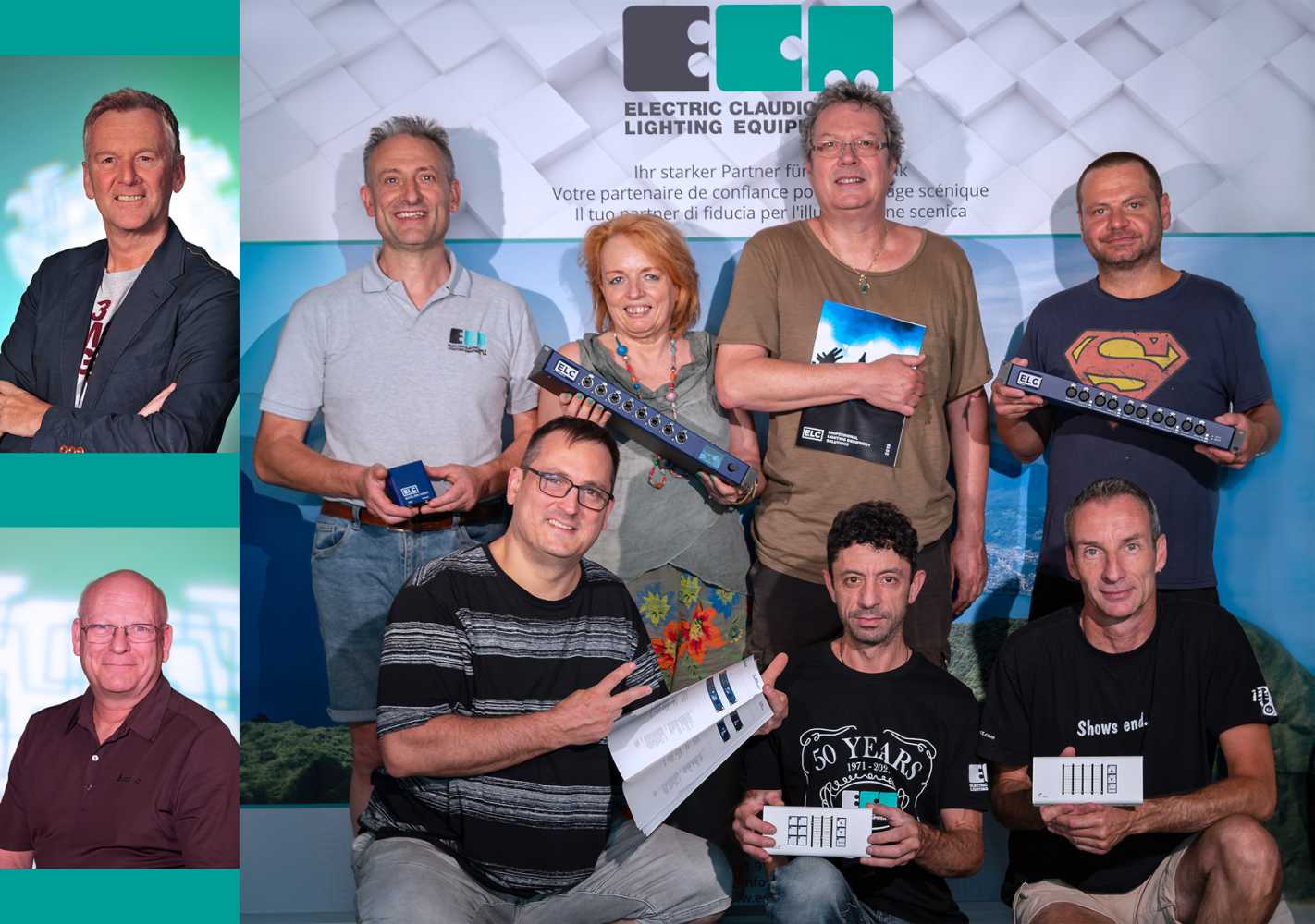 Inset: (top left) Günther Wiedemann and (bottom left) Alain Suard. Main picture, clockwise from top left: Marco Cereda, Barbara Magni, Lorenzo Merlo, Giuseppe Marzella, Michele Schäfer, Giovanni De Leonardis and Manolito Lucchini