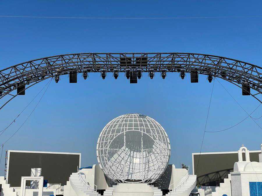 A close-up view of the L-Acoustics A Series, placed above the floating stage