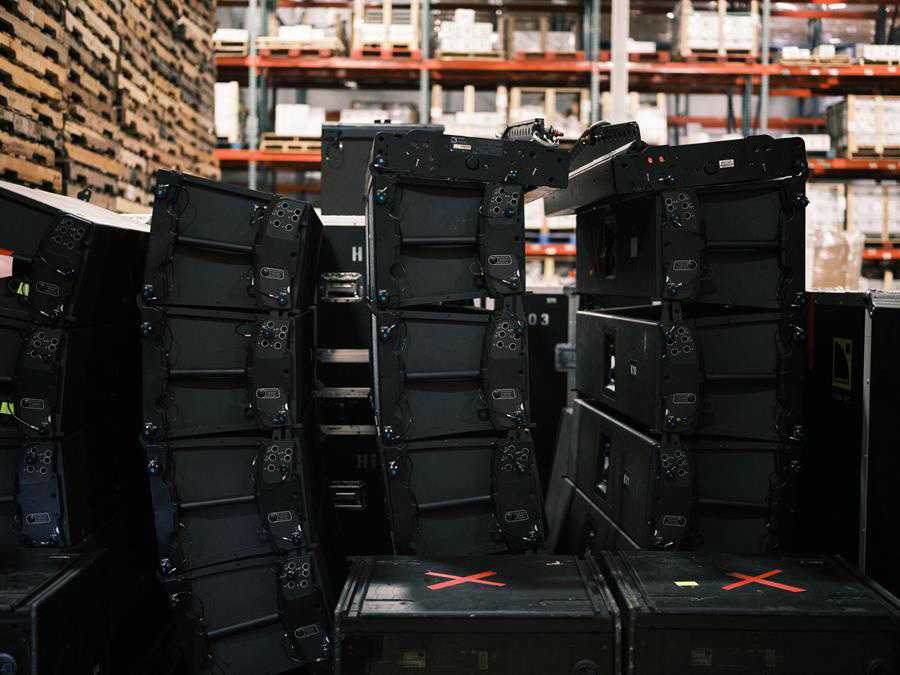 Confiscated L-Acoustics counterfeit loudspeakers that were seized in the warehouse of Se7ven Sounds Music, Inc