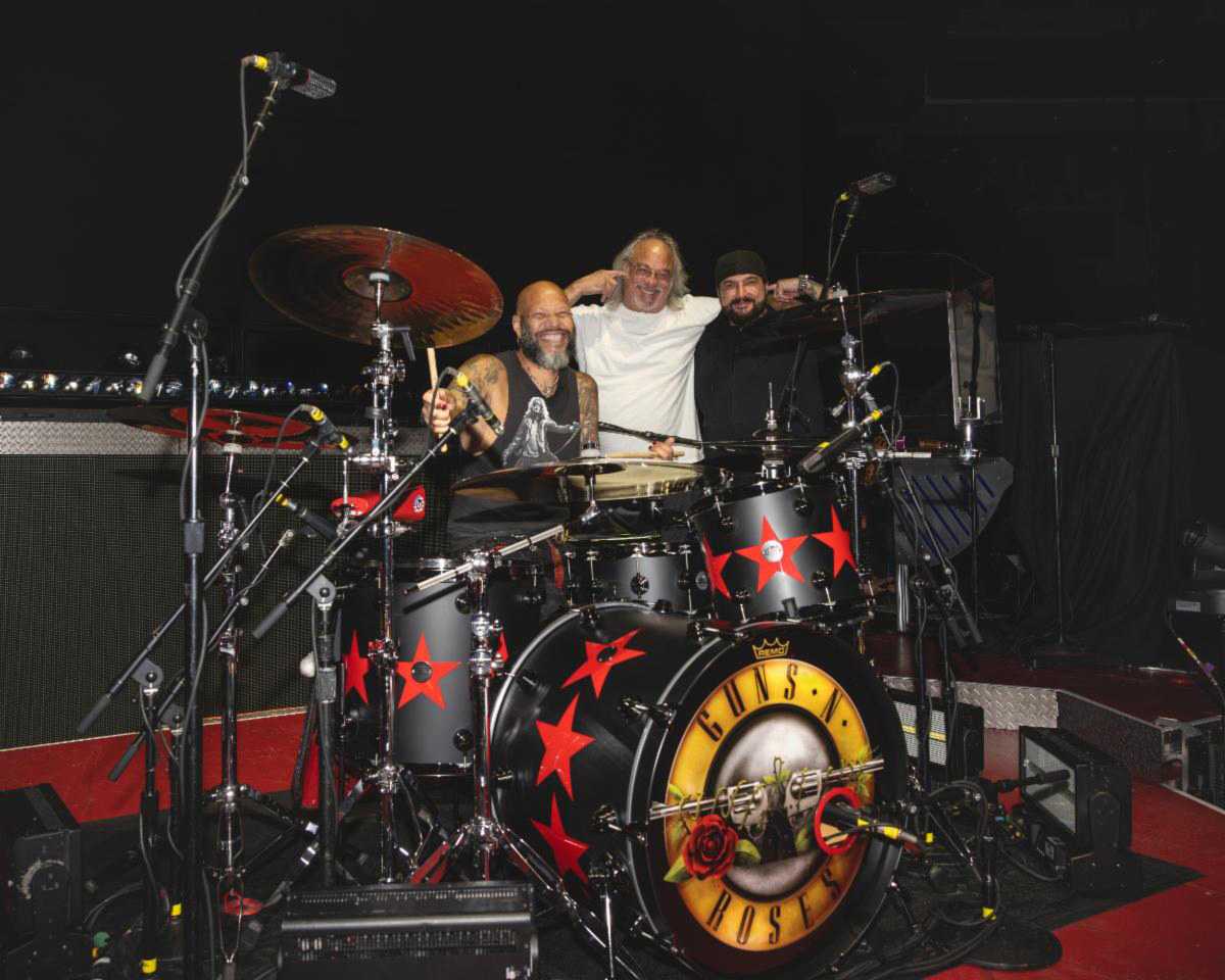 Dave Natale with Guns N' Roses drummer Frank Ferrer and drum tech Imy James